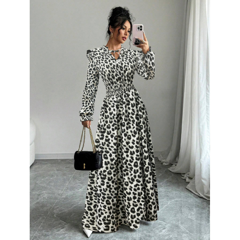 Floral Print Long Sleeve A-Line Maxi Dress with High Waist