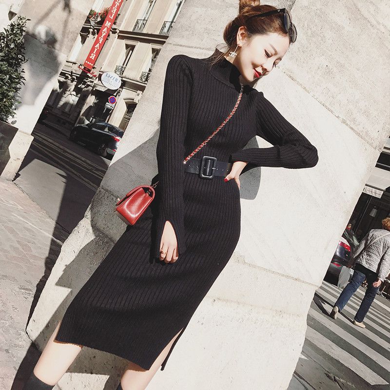 French Hepburn Style Cinched Waist Long Sleeve Black Dress
