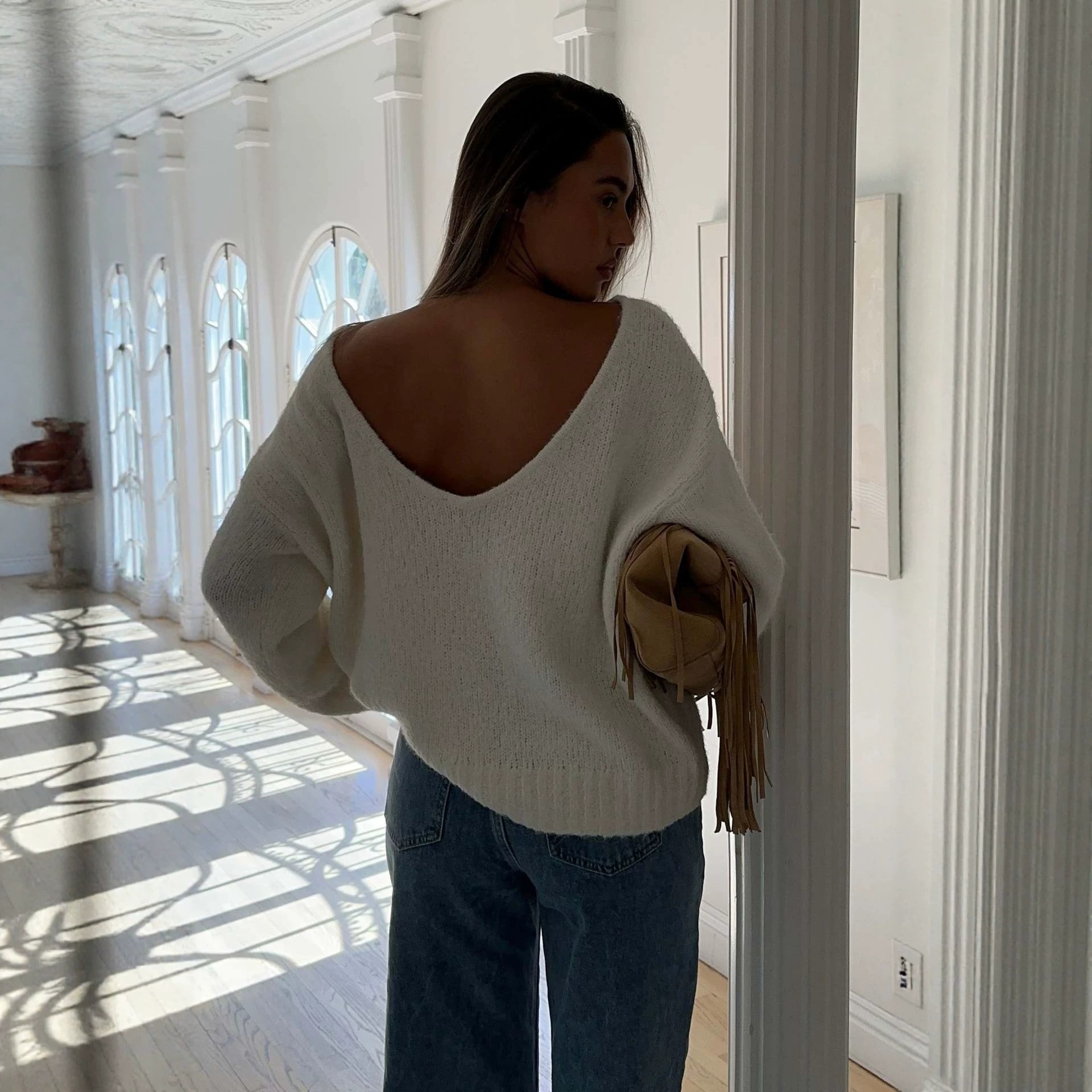Open-Back Knit Sweater Loose Long-Sleeve Top