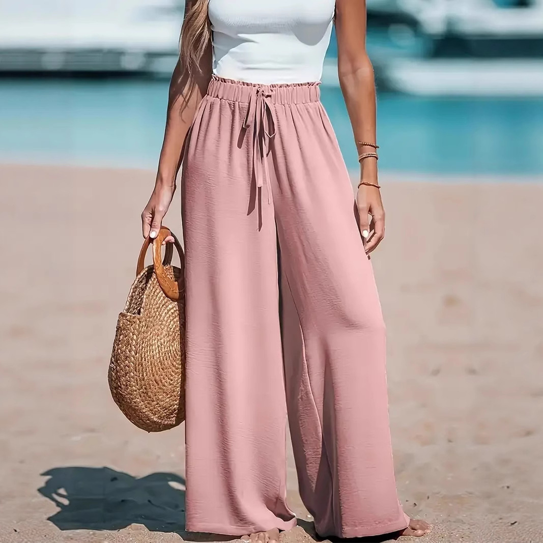Women's Wide-Leg Polyester Casual Solid Color Long Pants