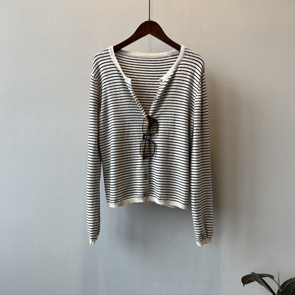 Women's Color-Block Striped Knit Cardigan Crewneck Lightweight Sweater Coat