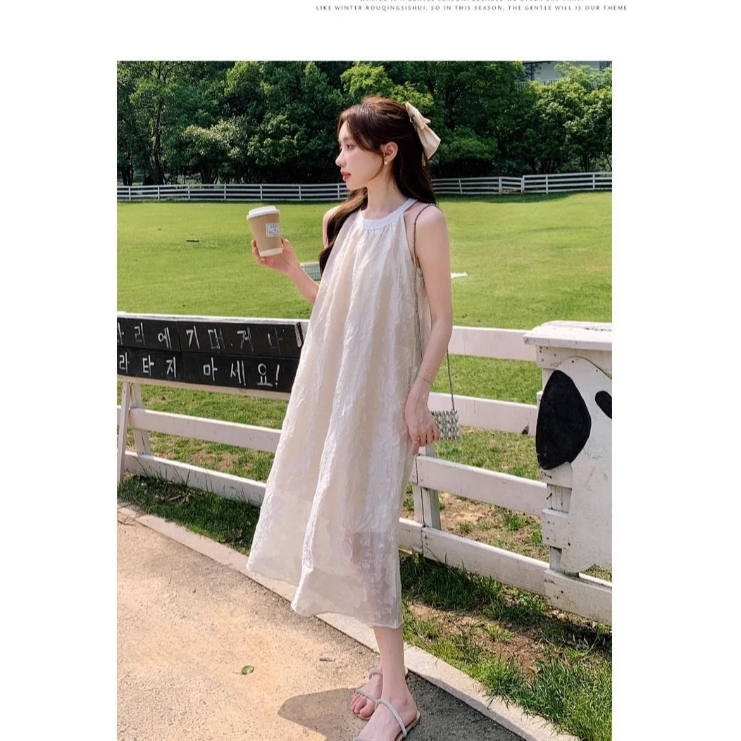 Women's Sleeveless Square Neck A-Line Midi Dress Solid Color Slimming French Style