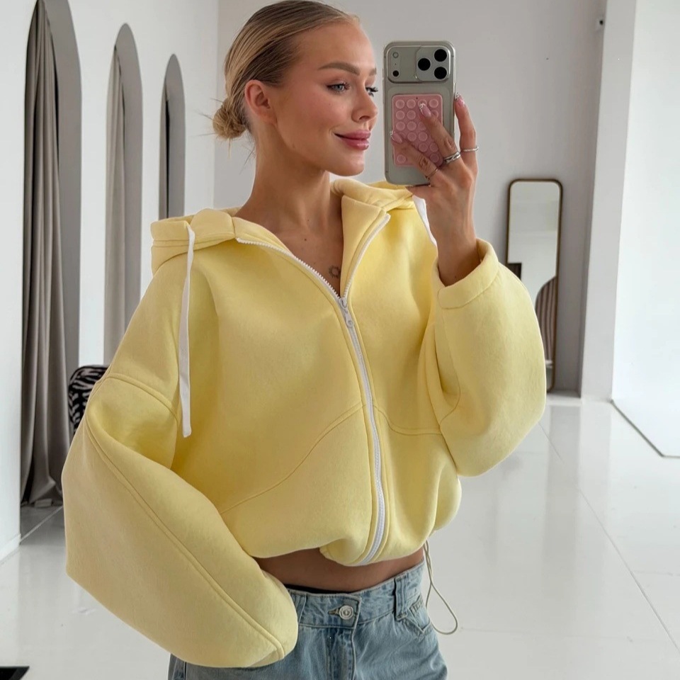 Women's Hooded Zip-Up Fleece Cardigan Sweatshirt Solid Color Long Sleeve Loose Fit Tie-Waist Short Crop Top