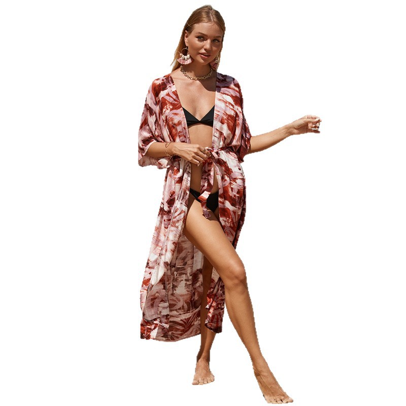 Leaf Print Beach Cover-Up Sheer Open-Front Cardigan