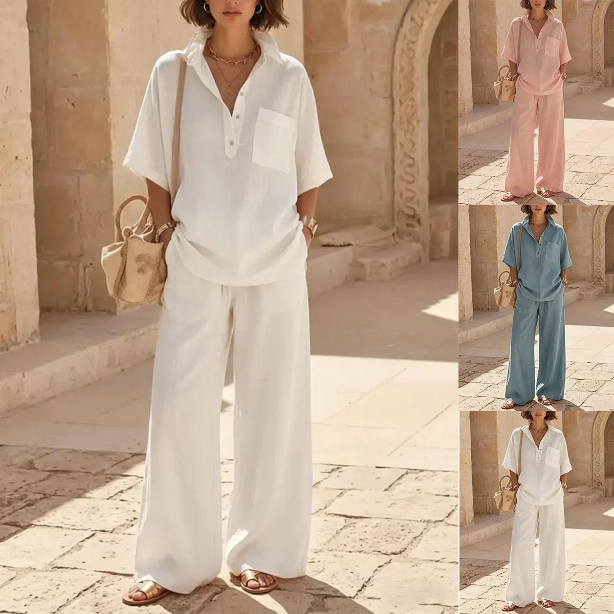 Women's Casual Shirt and Pants Set, Sweet Solid Color, Cotton Blend, Short Sleeve
