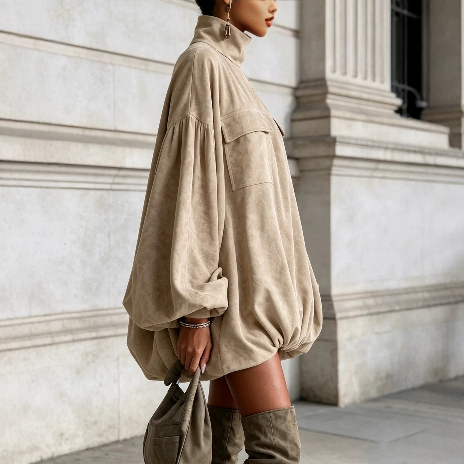 Khaki High Neck Lantern Sleeve Pocket Loose Bubble Hem Mini Dress
