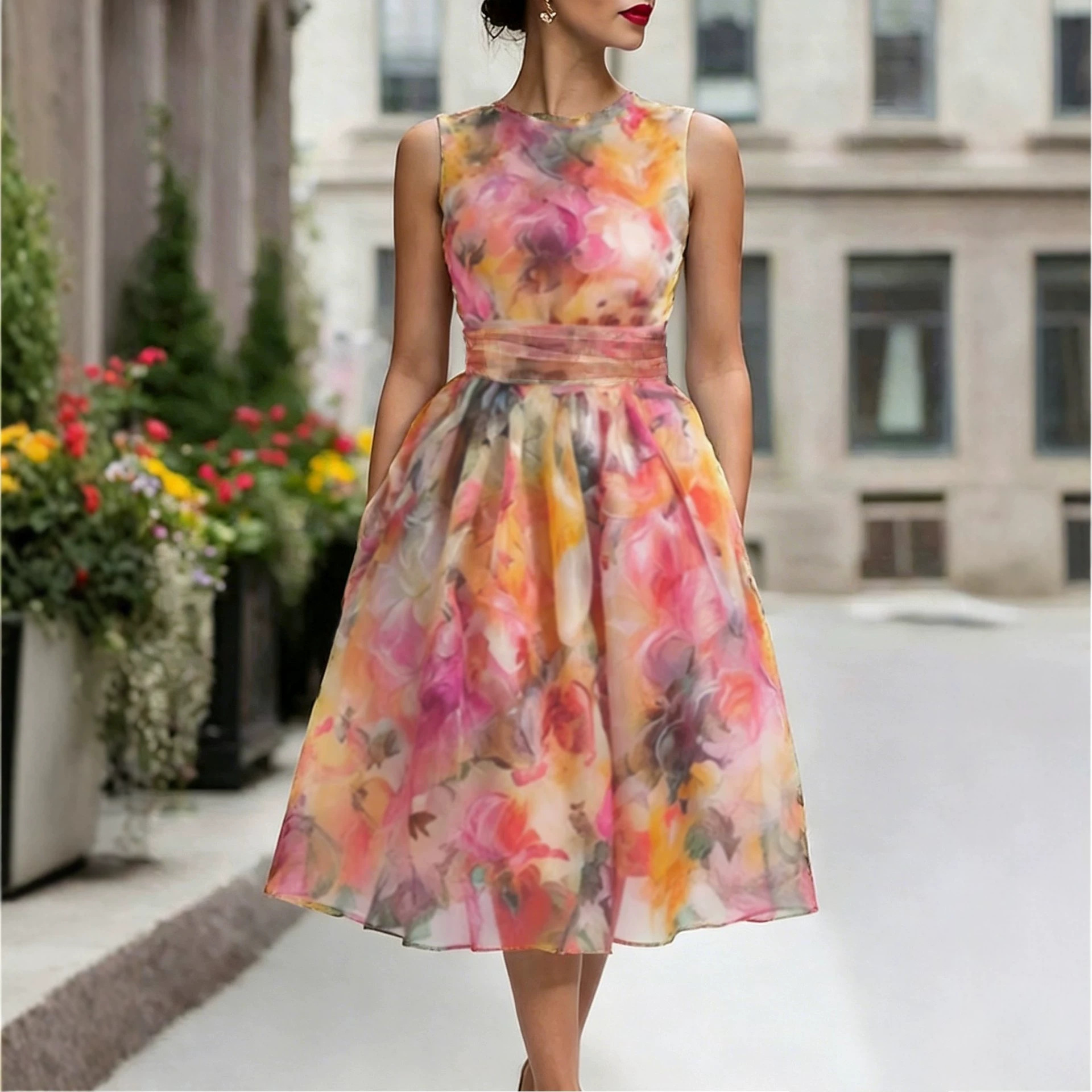 Orange Floral Sleeveless A-Line Midi Beach Dress