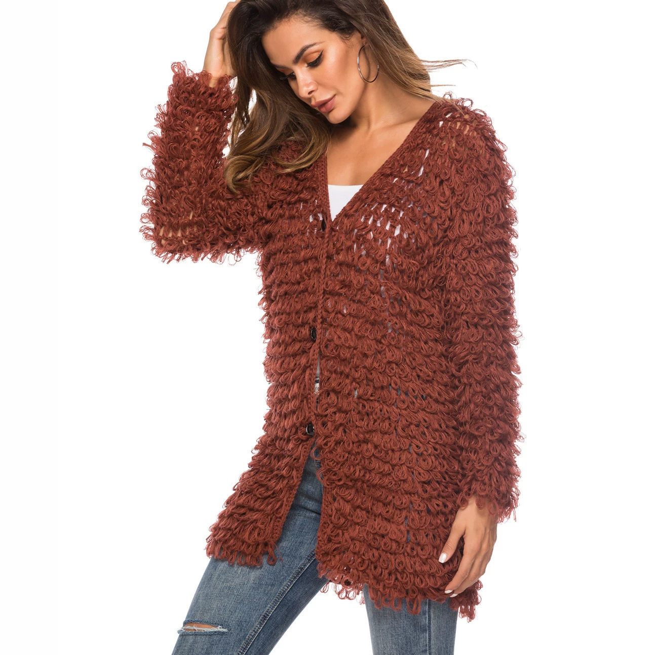 Hand-Crochet Loop Yarn V-Neck Midi Cardigan Sweater Coat for Women