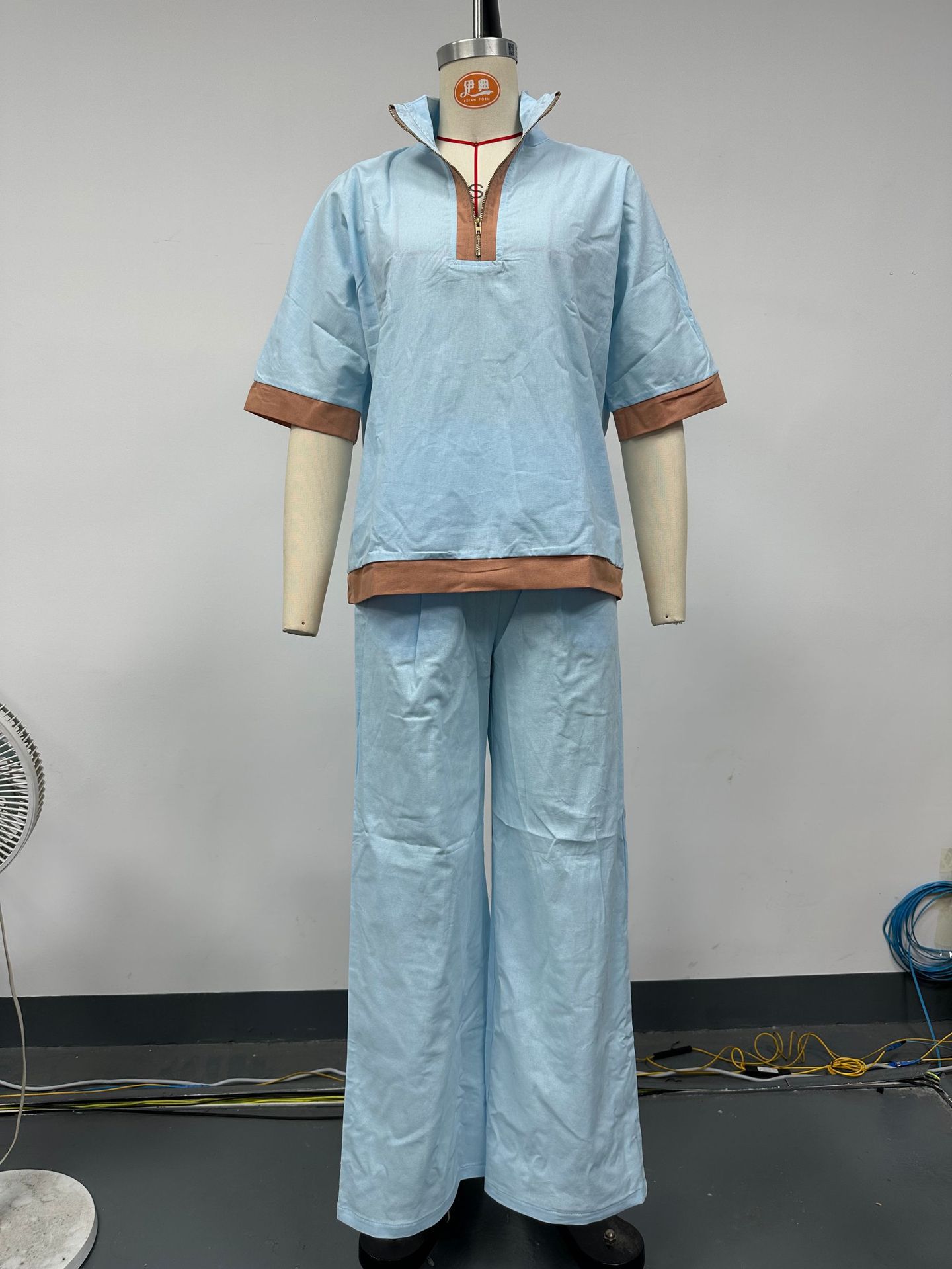 Women's Color-Block Half-Zip Cotton-Linen Shirt & Pants Set