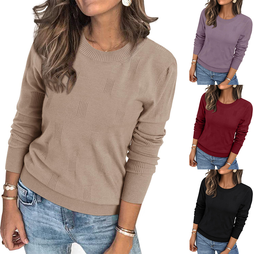 Women's Round Neck Long Sleeve Knit Pullover Sweater Distressed Solid Color