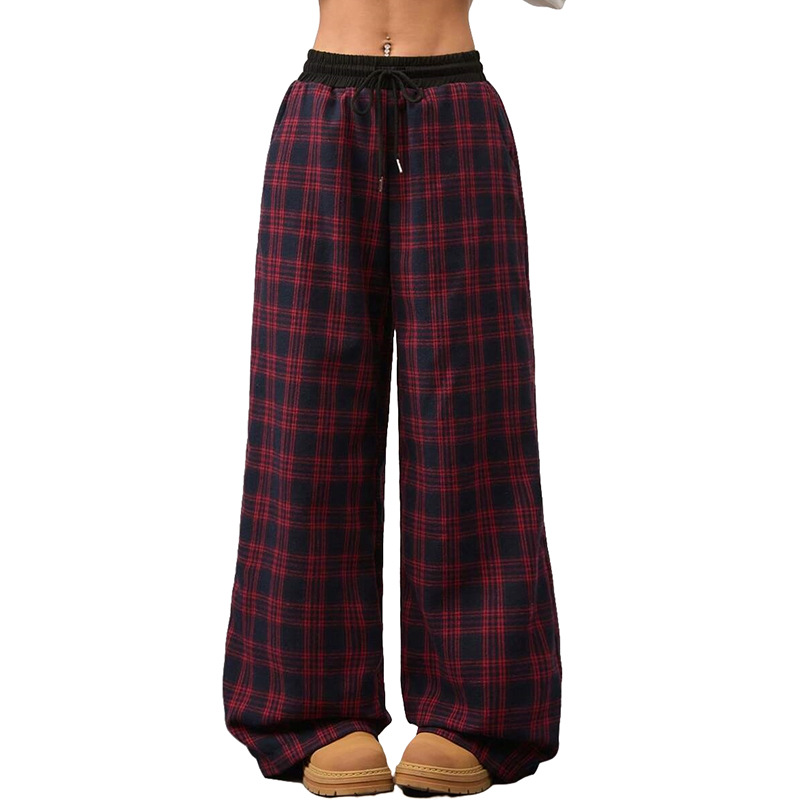 Retro Plaid Wide-Leg Lounge Pants High-Waist Color-Block Casual