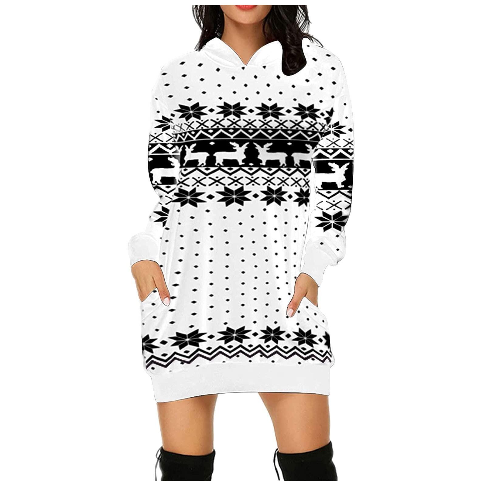 Christmas Snowflake Deer Print Hoodie Dress with Kangaroo Pocket