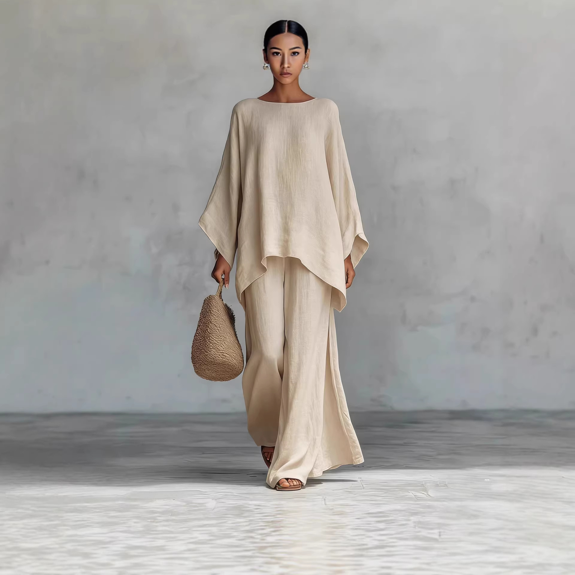 Relaxed Linen-Blend Shirt and Wide-Leg Pants Set
