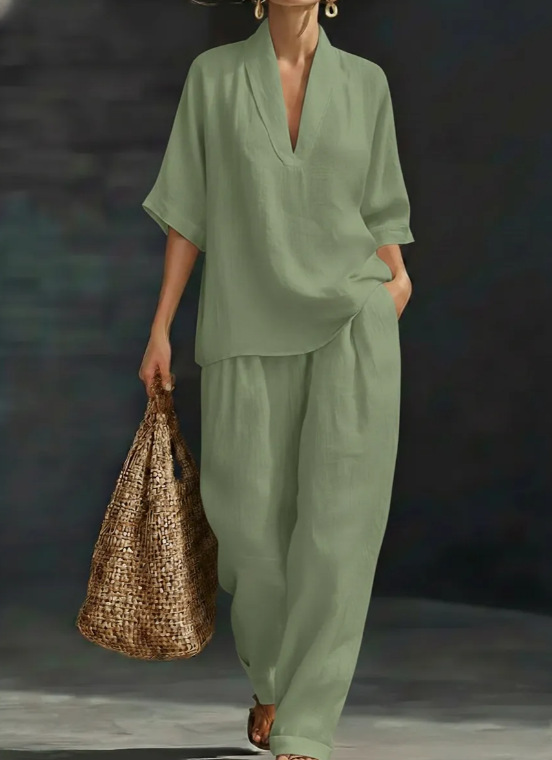 V-Neck Short Sleeve Top & Wide-Leg Pants Set Casual Solid Color