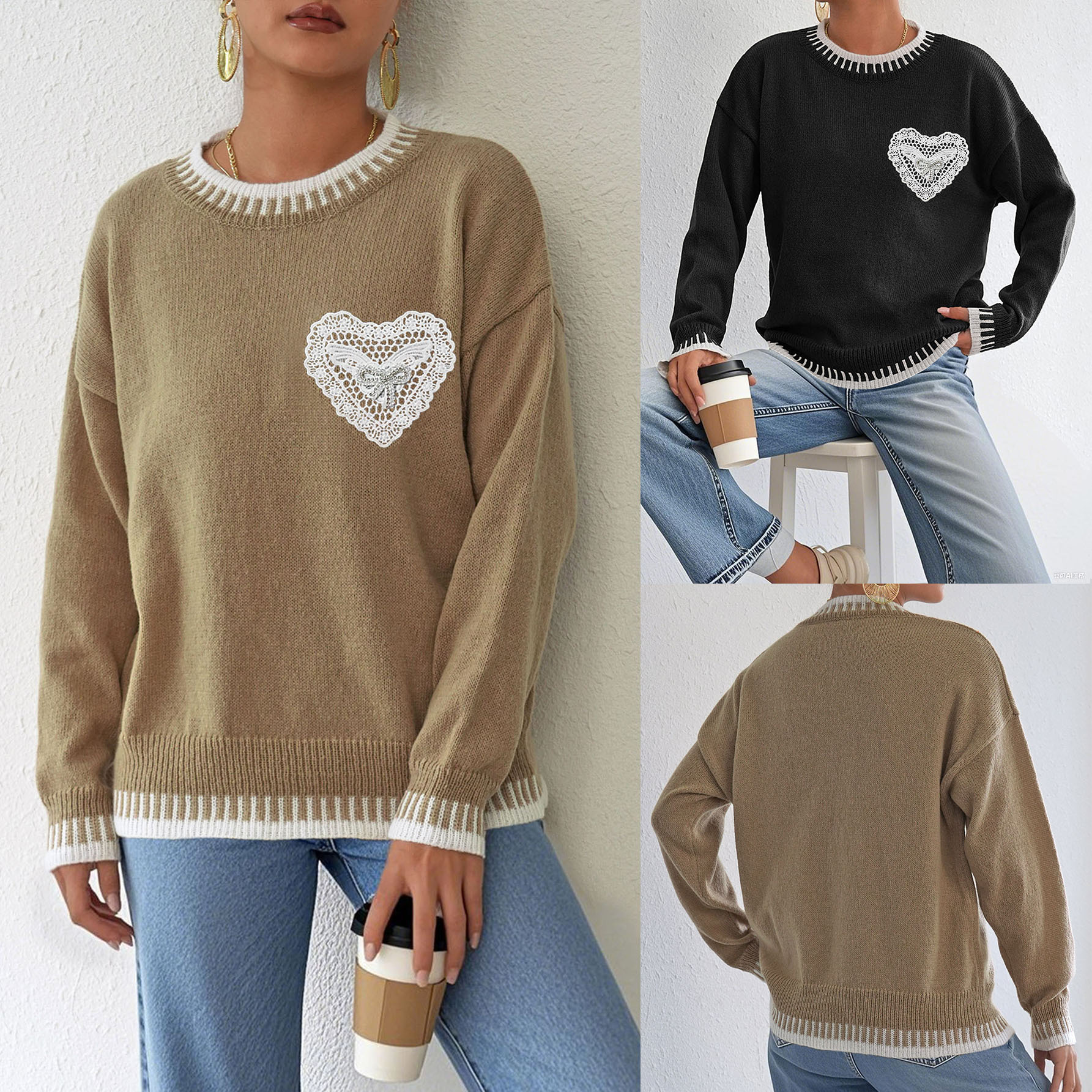 Colorblock Butterfly Lace Heart Pocket Pullover Sweater