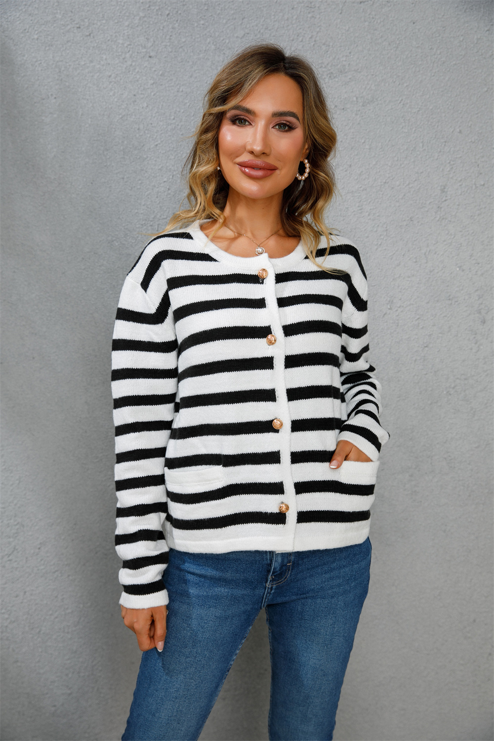 Women's Plus Size Striped Knit Cardigan Crew Neck Long Sleeve
