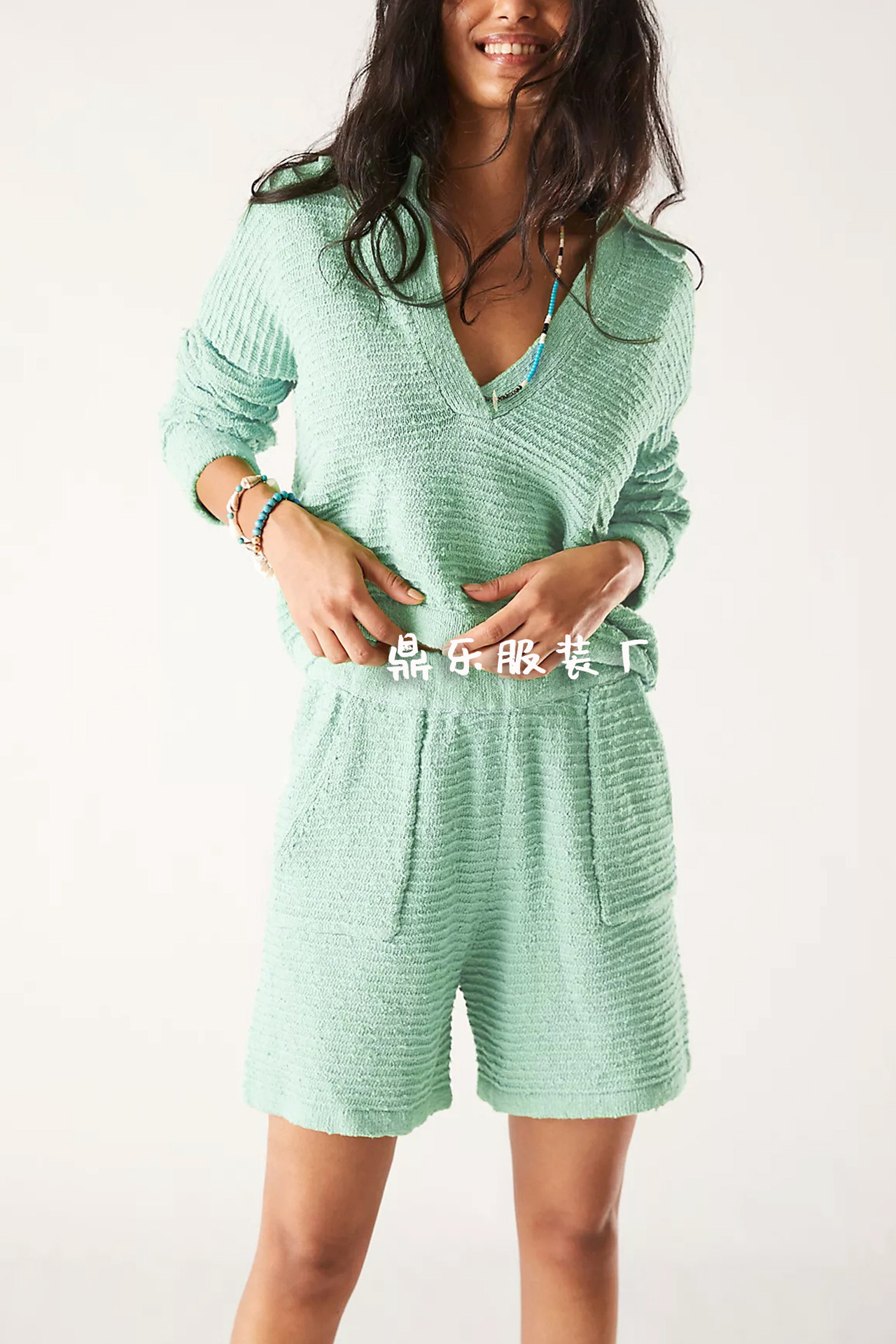 Women's Loose Knit Long Sleeve & Shorts Set