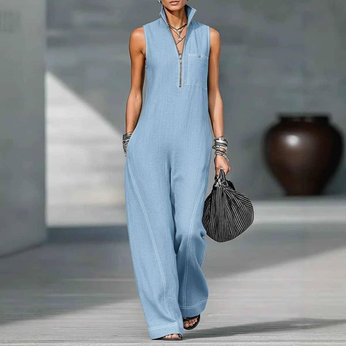 Women's Sleeveless Stand Collar Wide-Leg Jumpsuit