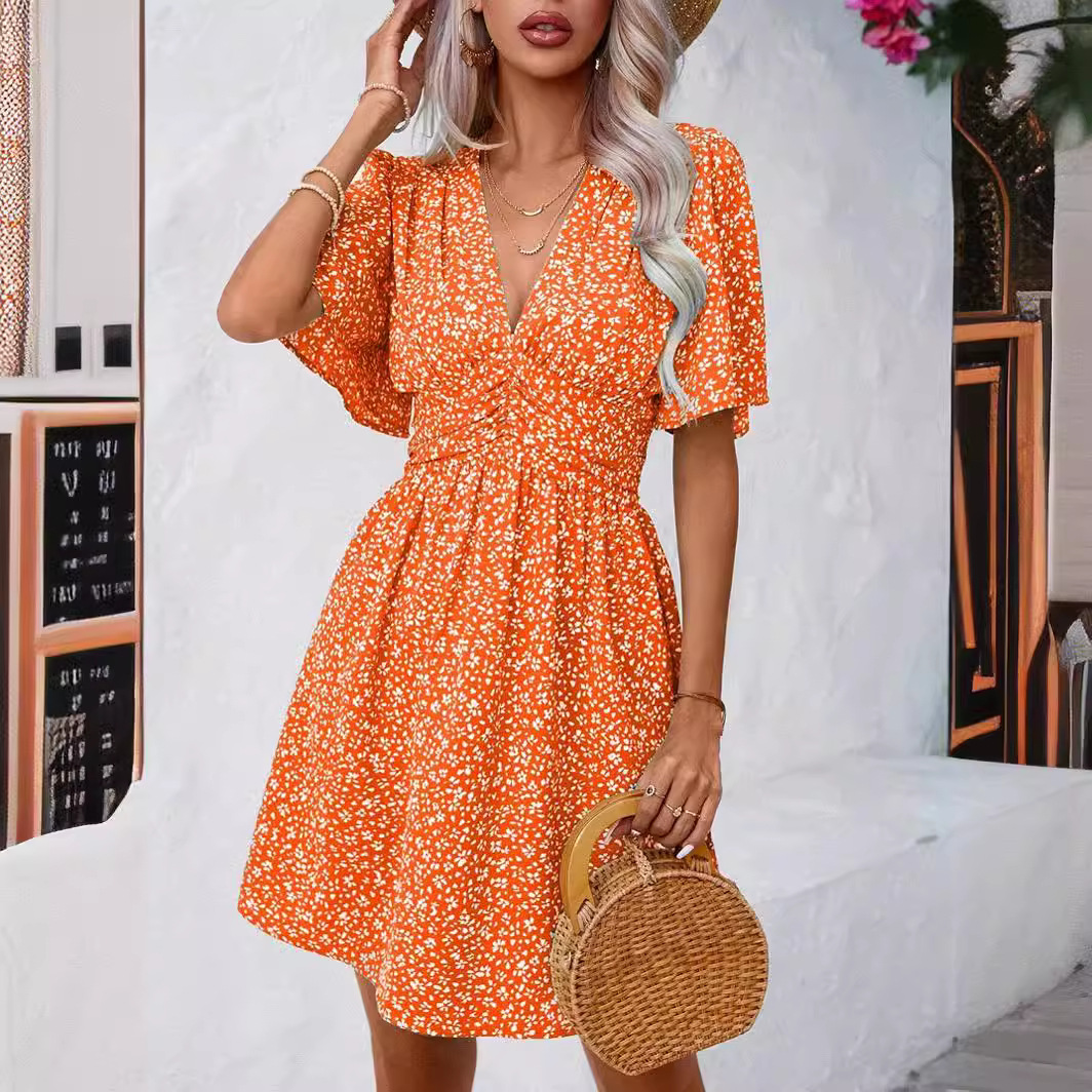 Women's Summer V-Neck Half-Sleeve Floral Pleated High-Waist Dress