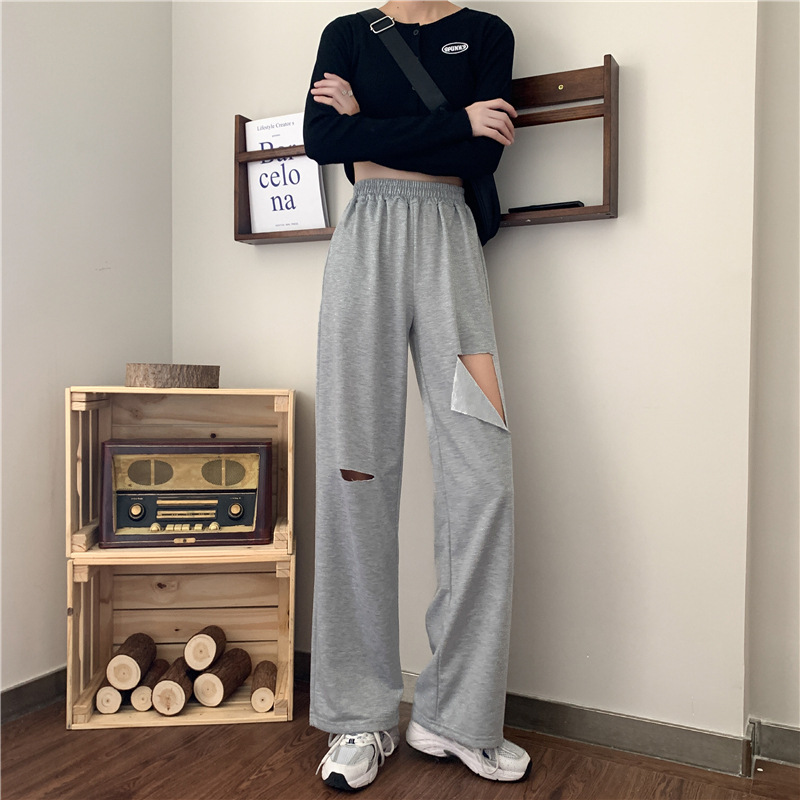 Distressed High-Waist Wide-Leg Pants for Women, Gray Straight-Leg Casual Trousers
