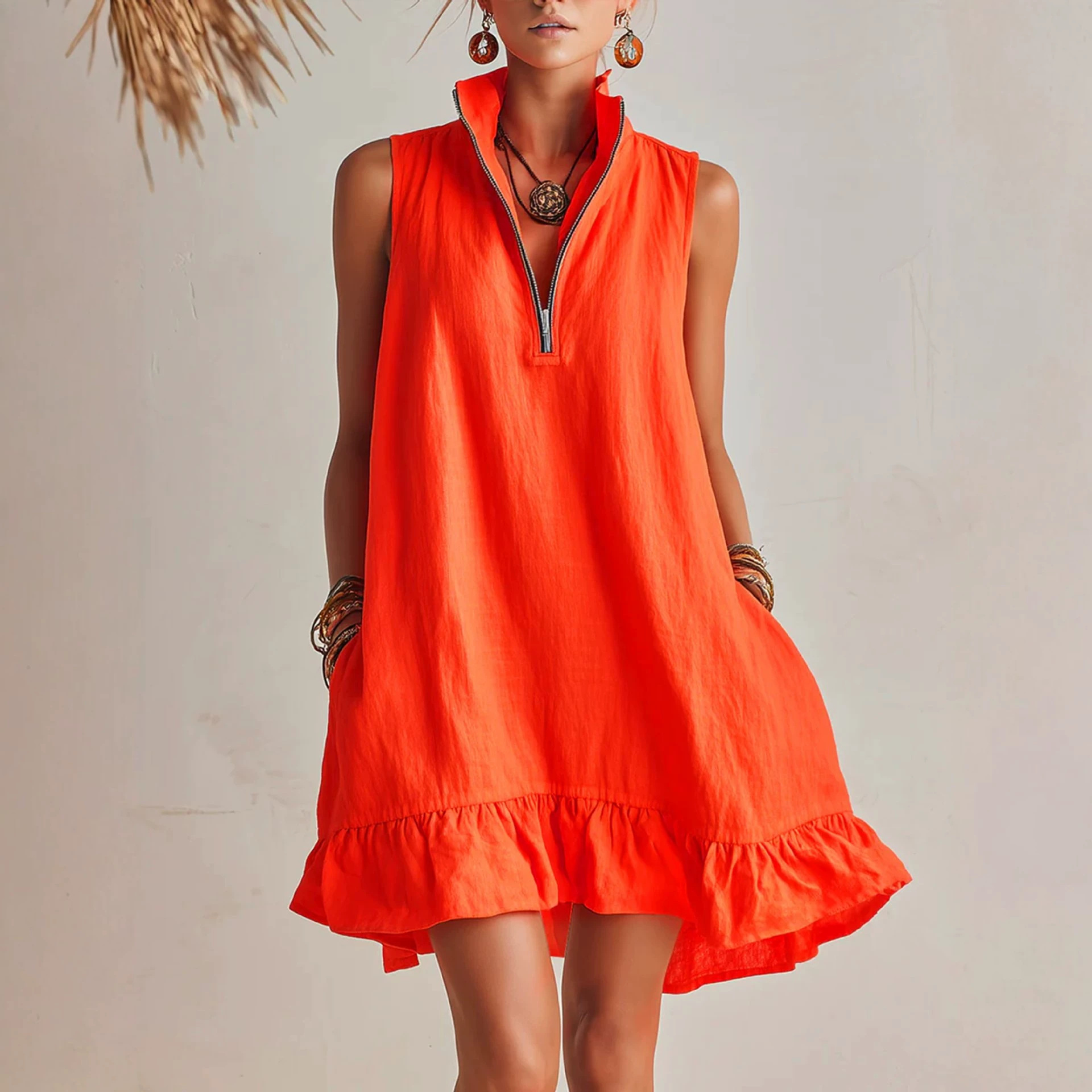 Women's Solid Sleeveless V-Neck A-Line Midi Dress