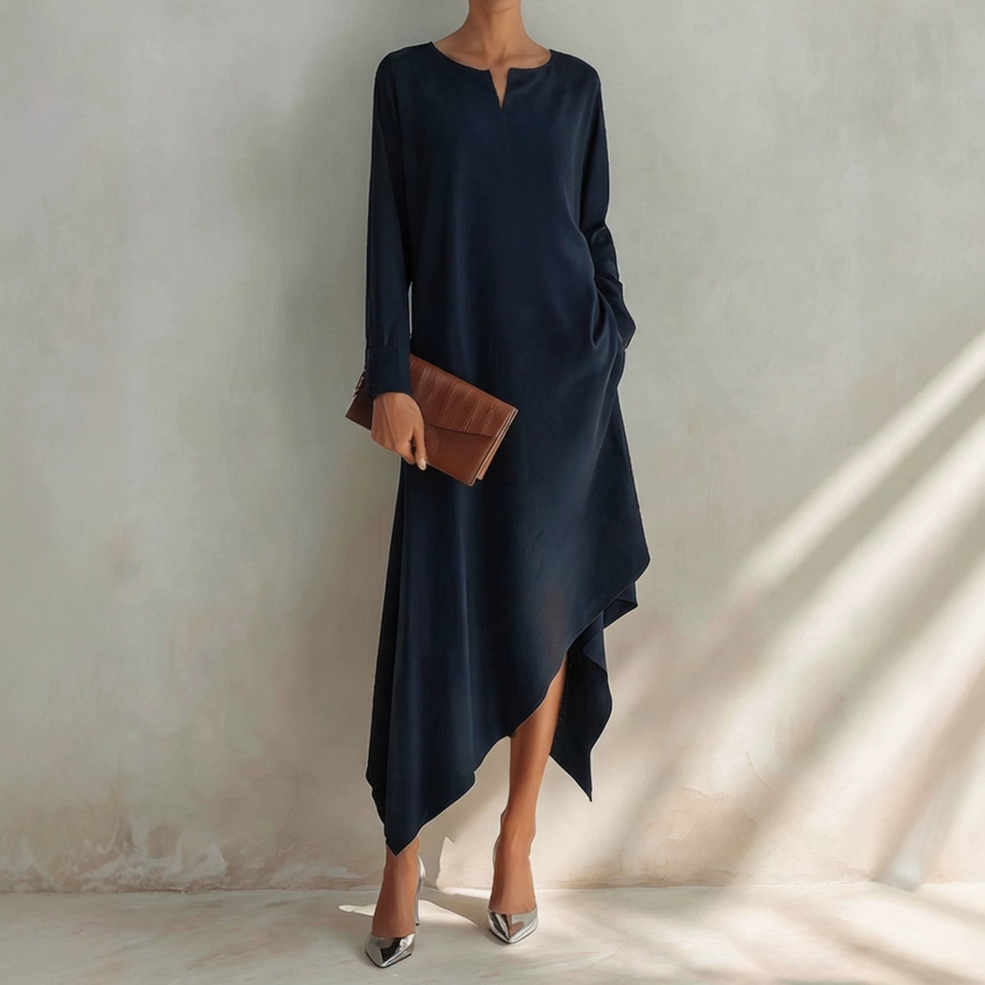 Solid V-Neck Asymmetrical Hem Cotton-Blend Midi Dress