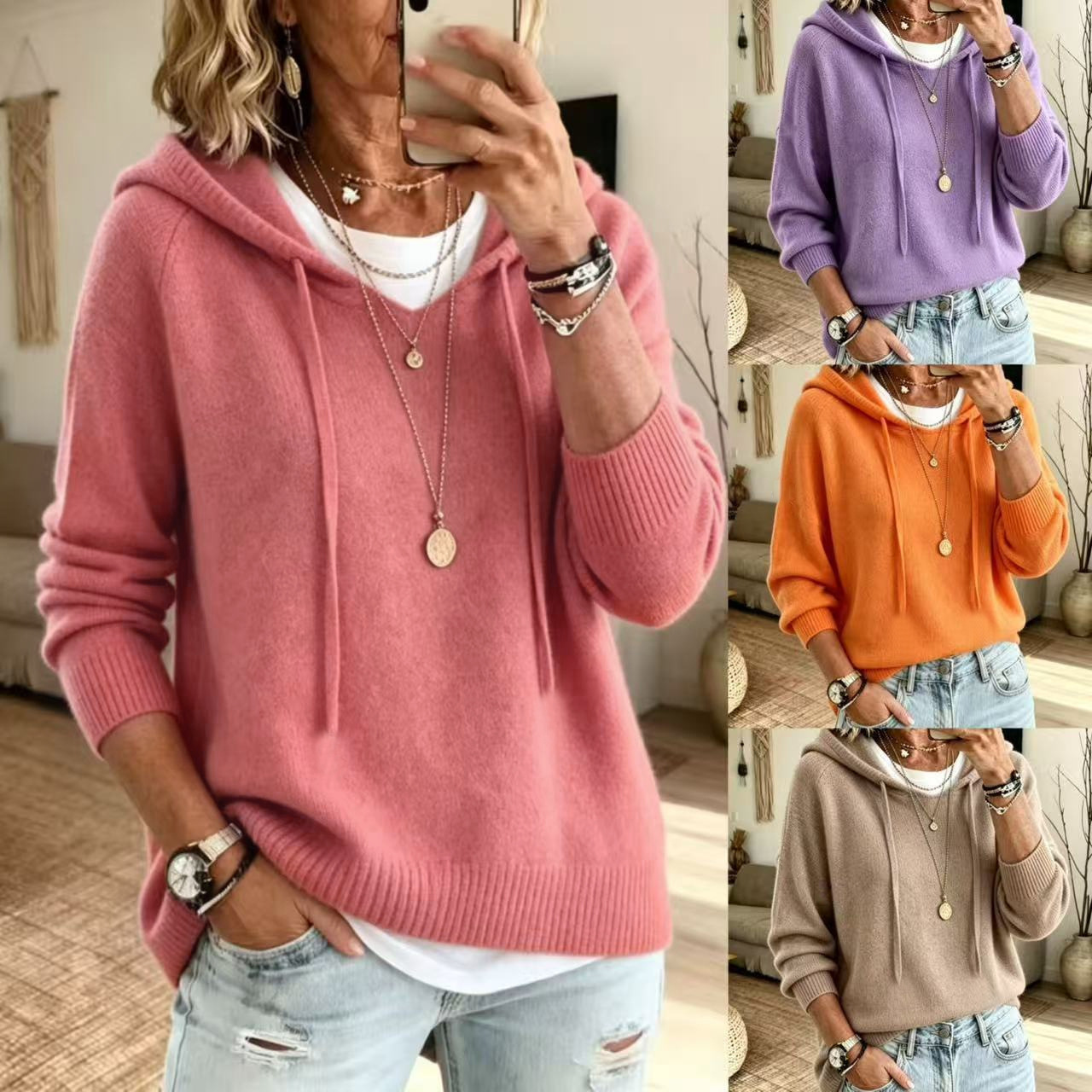 Women's Knit Hooded Drawstring Sweatshirt Loose Fit Pullover