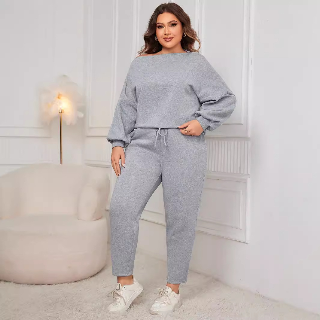 Women's Off-Shoulder Long Sleeve Top and Pants Set Plus Size Casual