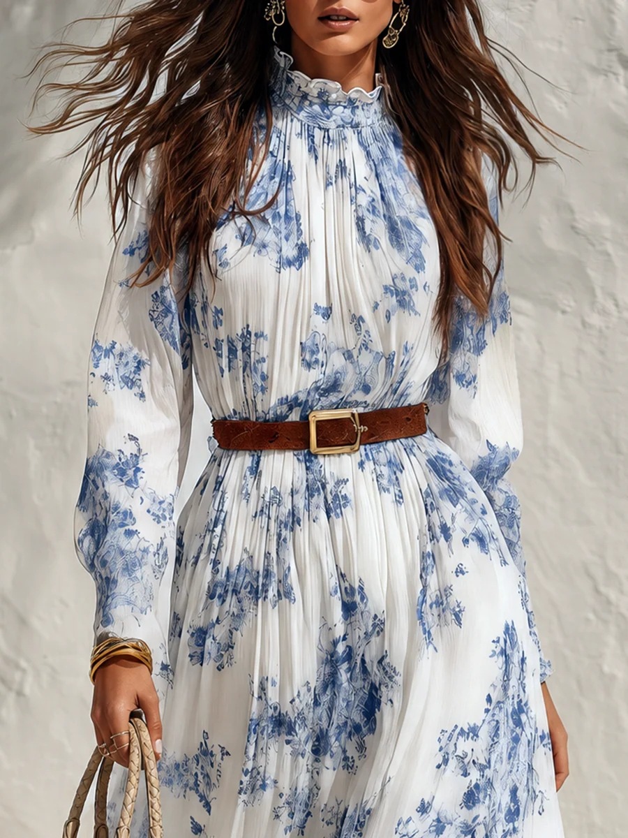 Blue and White Porcelain Print Chiffon Maxi Dress with Ruffle Trim Stand Collar Long Sleeves and Belt