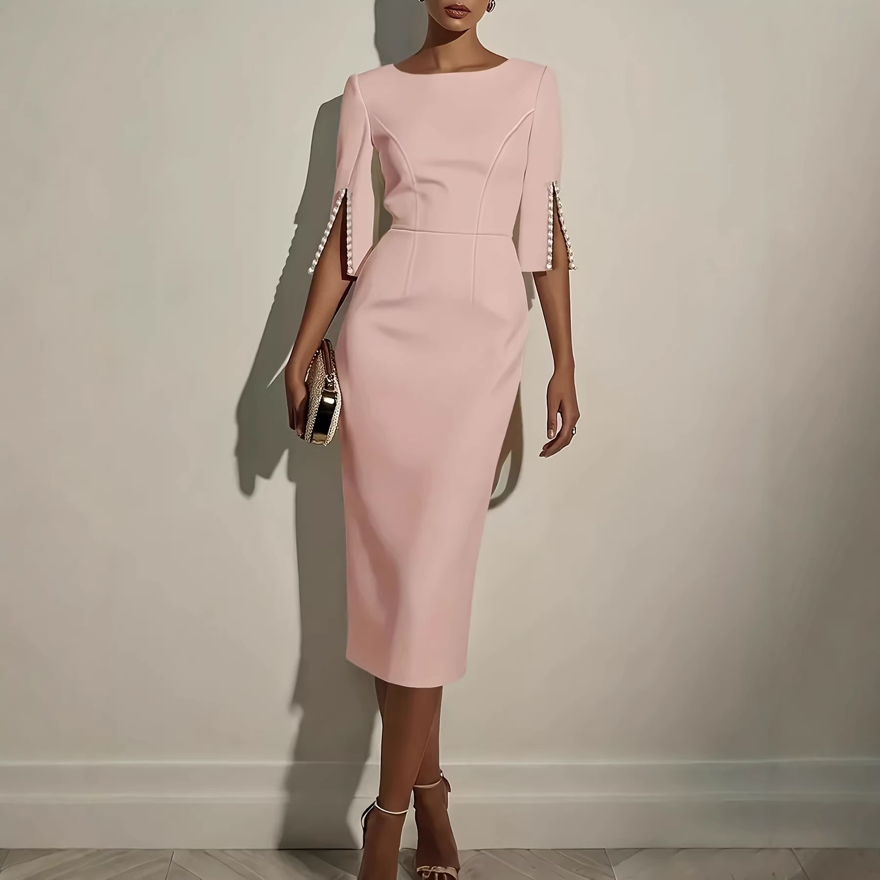 Solid Beaded Slim Fit Midi Dress