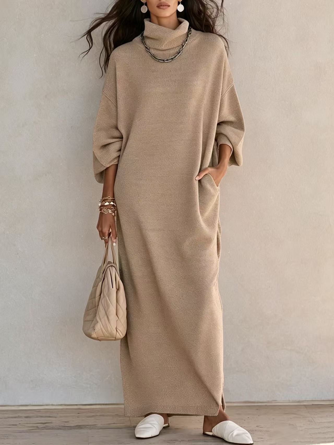 Solid Color Long Sleeve Split Hem A-Line Dress