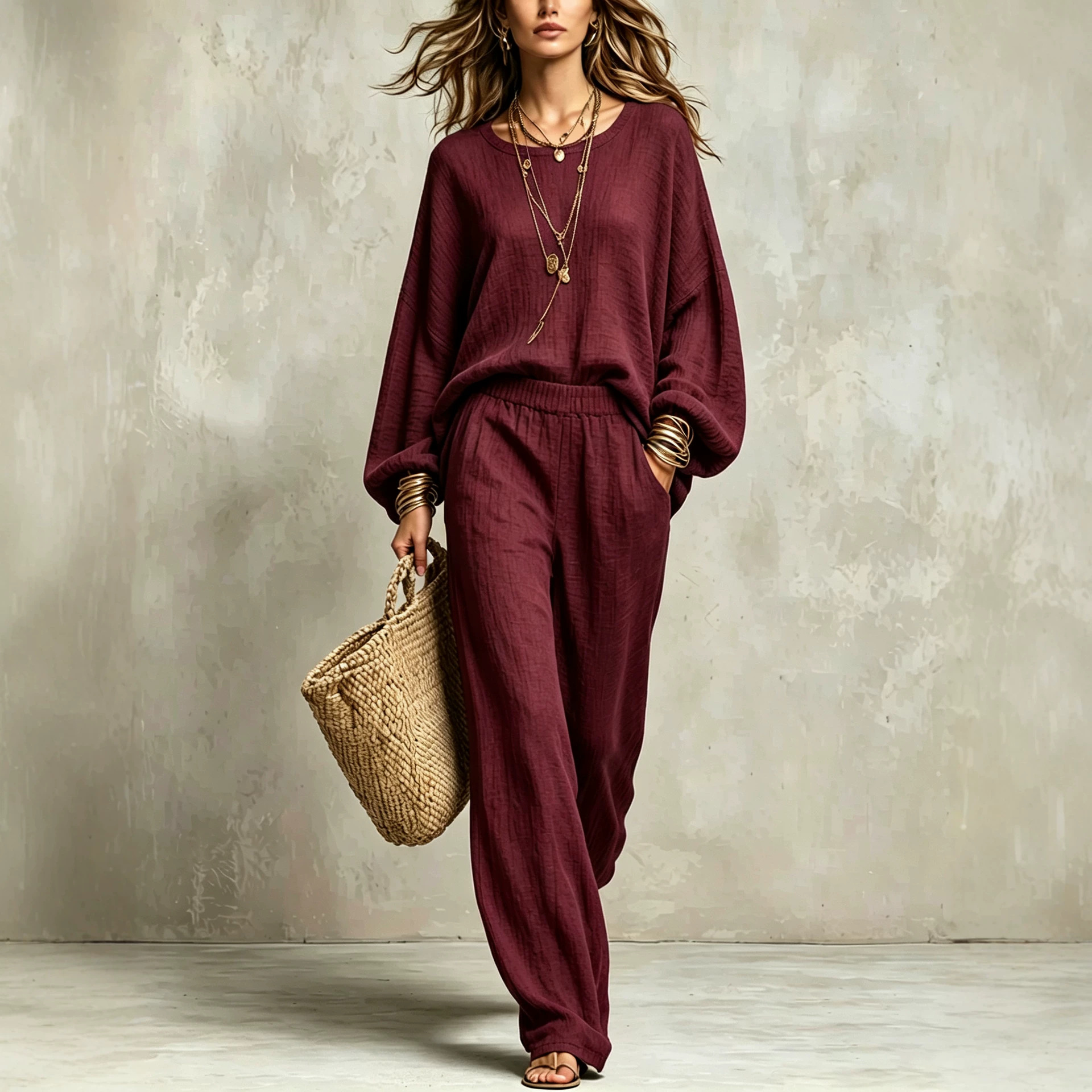 Double-Layer Crinkled Linen Two-Piece Set with Loose Sleeves and High-Waist Wide-Leg Pants