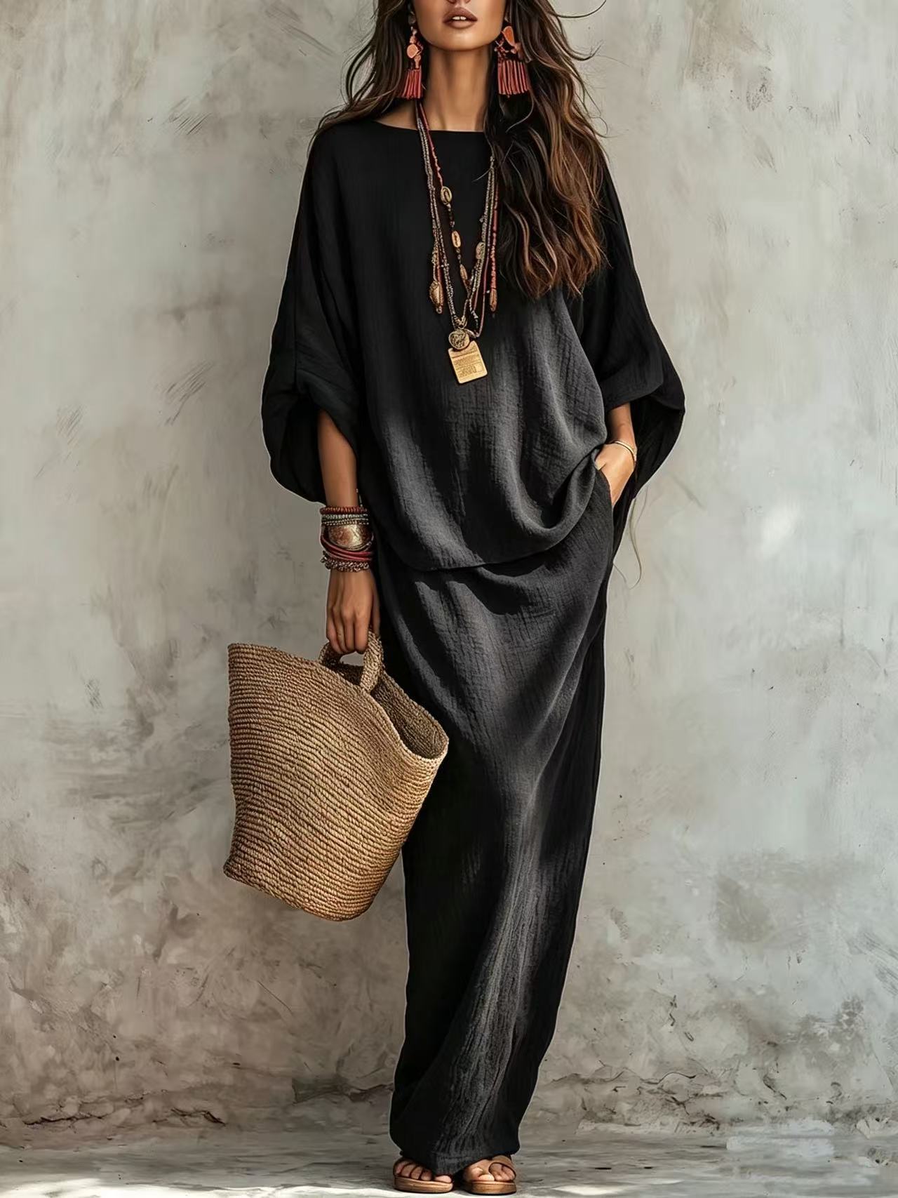 Women's Solid Color Long Skirt Two-Piece Set Casual Loose Fit