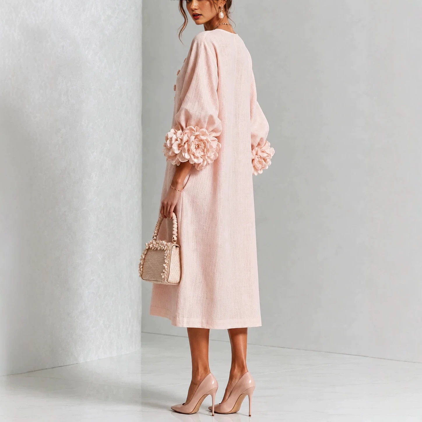 French 3D Floral Lantern Sleeve Cotton Linen Midi Dress