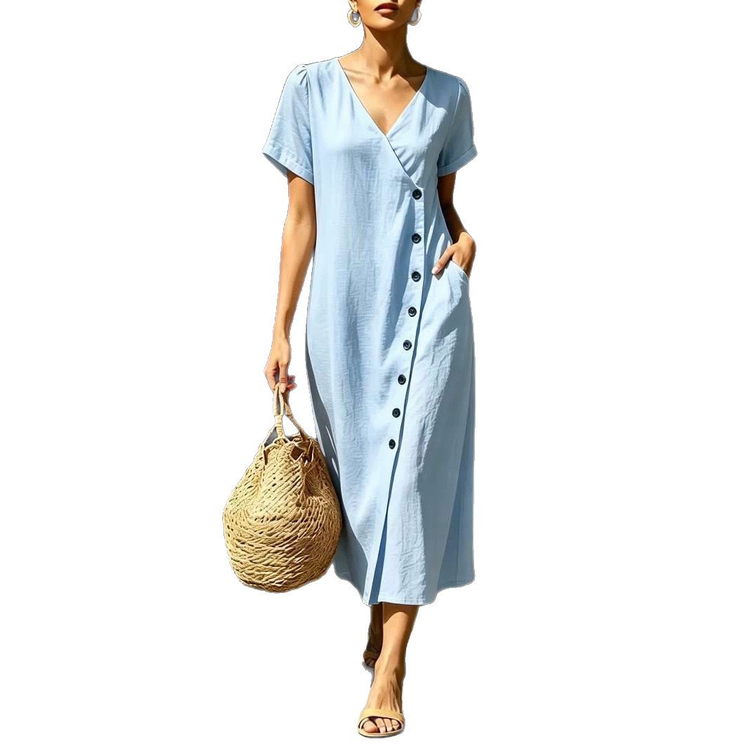 Women's V-Neck Button A-Line Midi Dress with Puff Sleeves