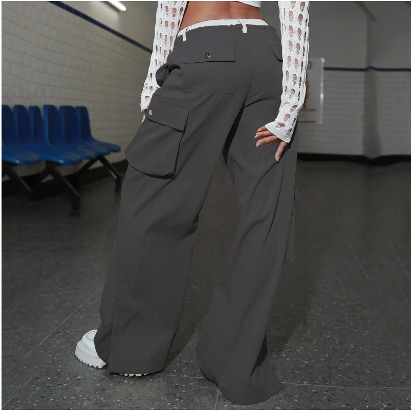 Drawstring Wide-Leg Cargo Pants with Color-Block Multi-Pockets