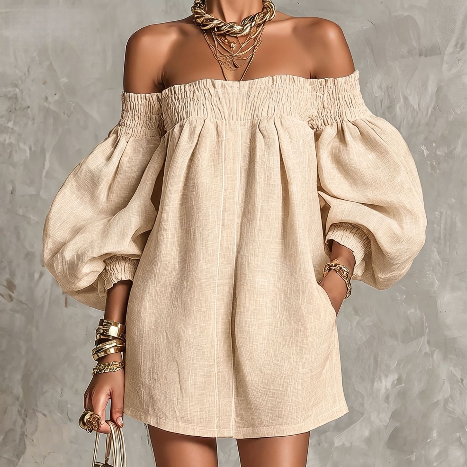 Off-Shoulder Lantern Sleeve A-Line Mini Dress
