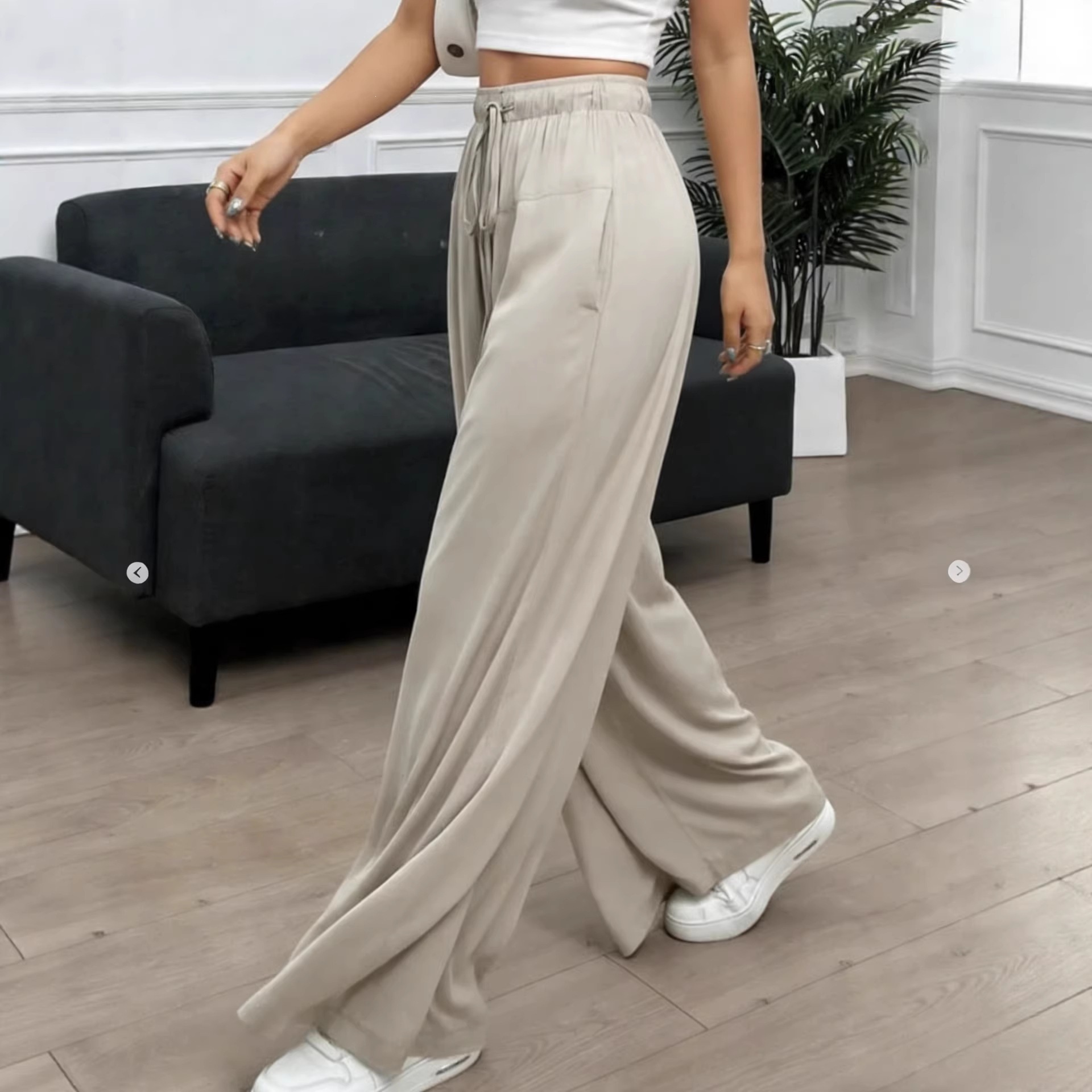 Women's High-Waist Wide-Leg Pants with Elastic Waistband, Lightweight