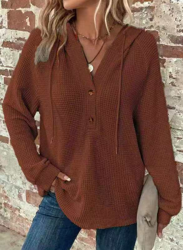 Women's Waffle Knit Drawstring Hoodie Button V-Neck Long Sleeve Pullover