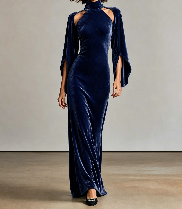 Women's Velvet Bell Sleeve Cutout High Neck Long Evening Dress
