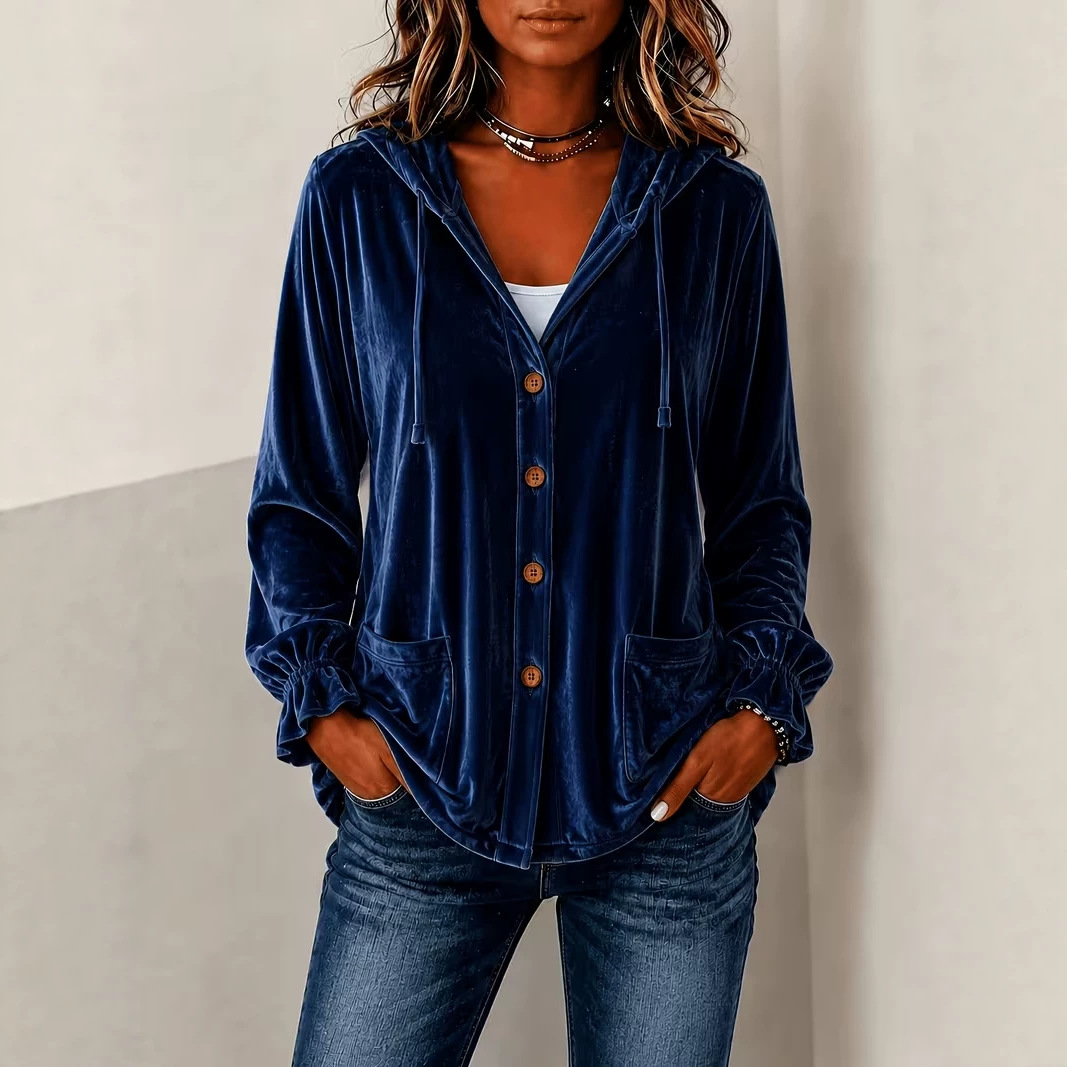 Annuo Self-Developed 2026 European and American Button Velvet Hooded Cardigan Jacket Fall Winter New Cross-Border Solid Color Casual Hooded