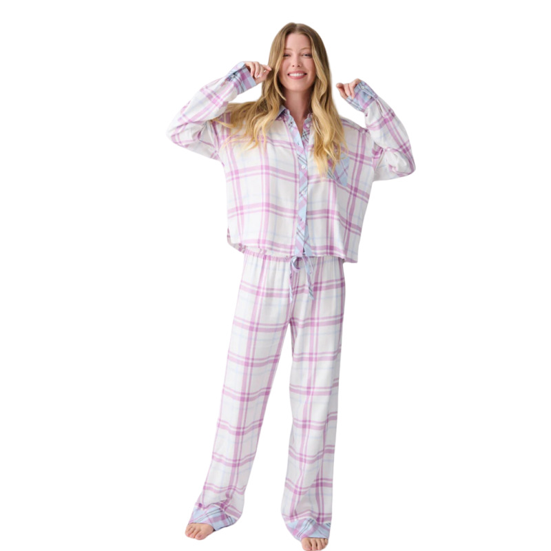 Plaid Print Loose Two-Piece Pajama Set Long Sleeve Shirt and Tie-Waist Pants Loungewear