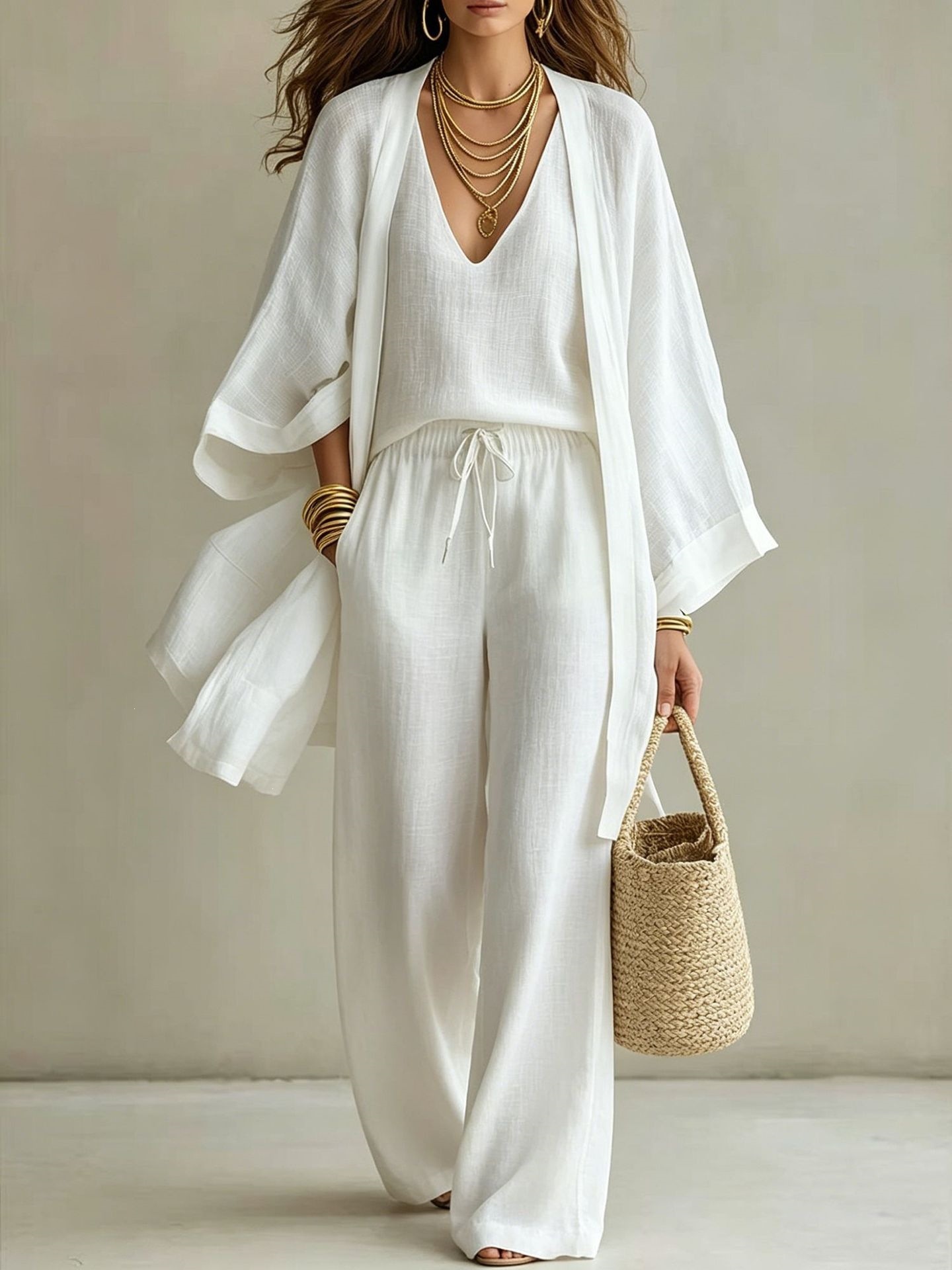 Women's 3-Piece Open-Front Cardigan, Sleeveless Tank & Pants Set