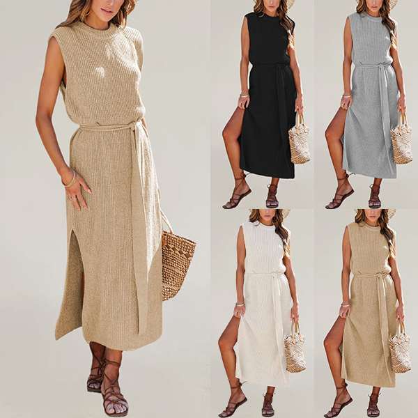 Women's Crewneck Solid Knit Dress with Slit and Belt
