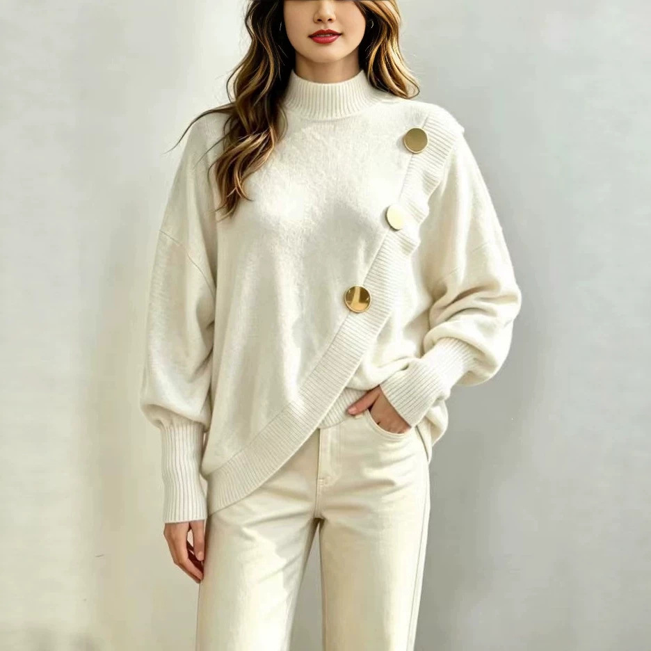 Elegant Button-Trim Crewneck Top for Women