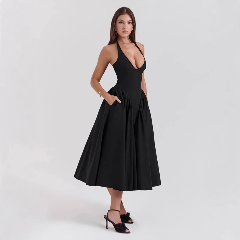 Deep V-Neck Halter Backless Bodycon Maxi Dress