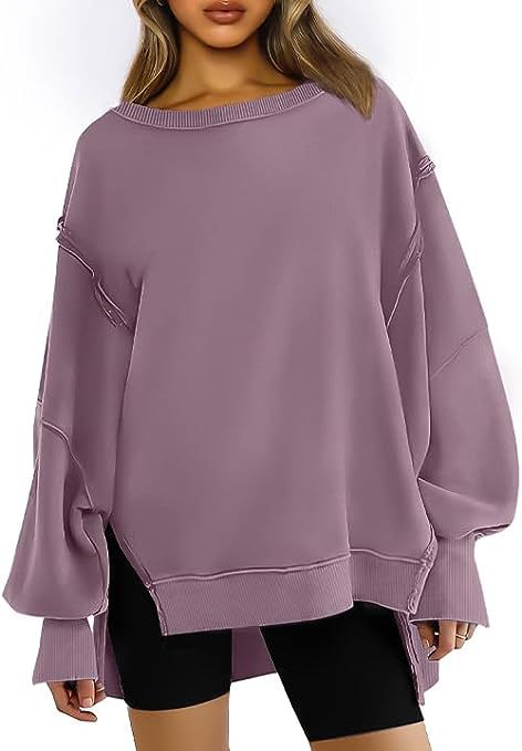 Women's Oversized Crewneck Sweatshirt with Side Slit Long Sleeves