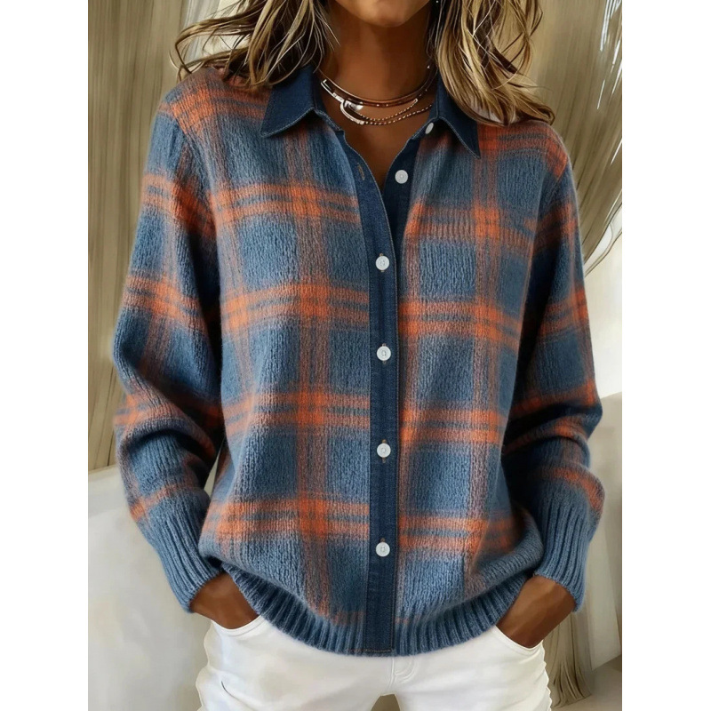 Women's Collared Button-Front Cardigan Sweater, Solid 3D Print Knit, Loose Fit