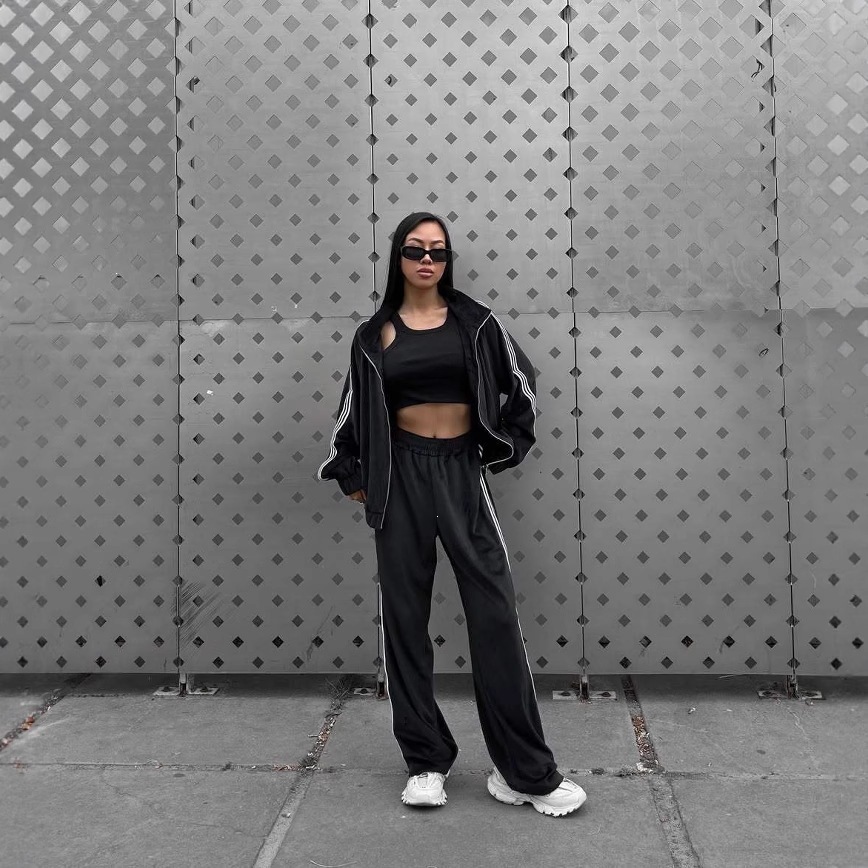Women's Hooded Jacket & Wide-Leg Striped Pants Two-Piece Set