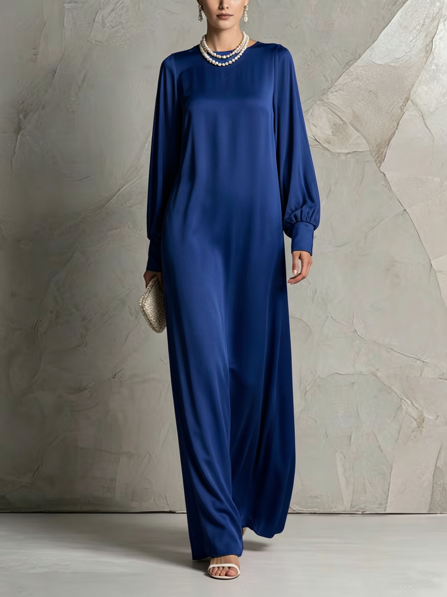 Solid Silk-Feel Lantern Sleeve Maxi Dress with Round Neck and Flowing Oversized Skirt